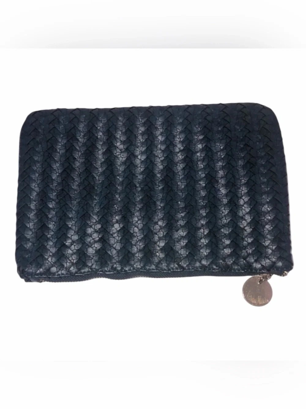 3 for $20 NEIMAN MARCUS Braided Woven Clutch Vegan Leather Make-Up Bag Navy Blue
